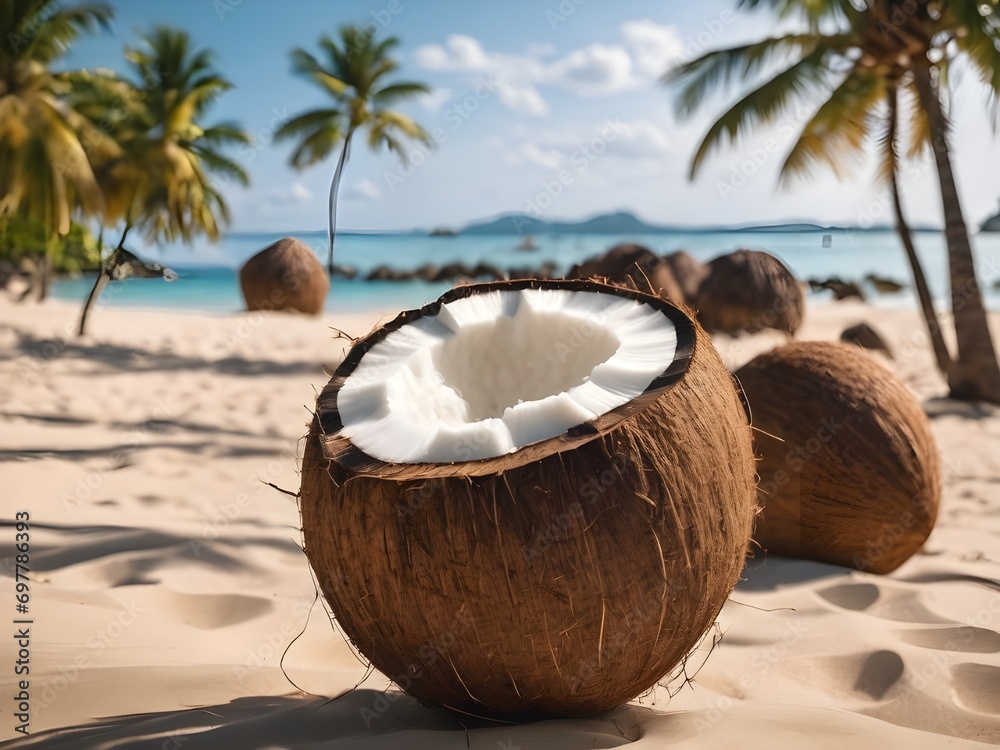 Closeup of a fresh whole and half coconut with coconut trees on