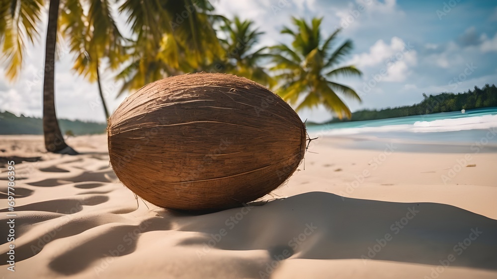 Closeup of a fresh whole and half coconut with coconut trees on