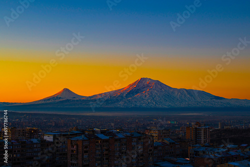 beautiful sunrise on mountain Ararat view from Yerevan photo