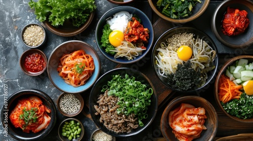 Assortment of Korean traditional dishes. Asian food.