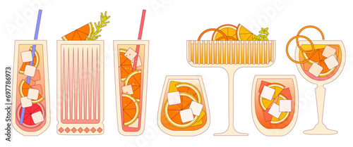 Vector flat illustration with gradient and outline. Alcohol refreshing drink with citrus, orange and grapefruit. Cocktail set in decorative glass. Liquid in tall and tumbler glass. Mocktail beverage
