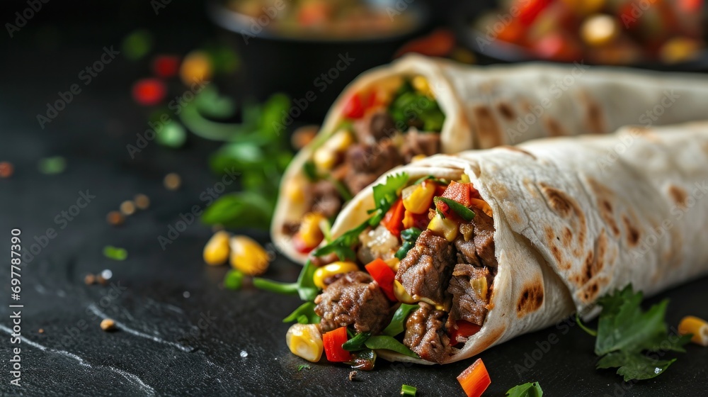 Burritos wraps with beef and vegetables on black background - obrazy, fototapety, plakaty 