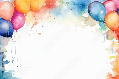 Empty template with colorful balloons around the edges. watercolor illustrations for prints, postcards, posters, templates and gift paper