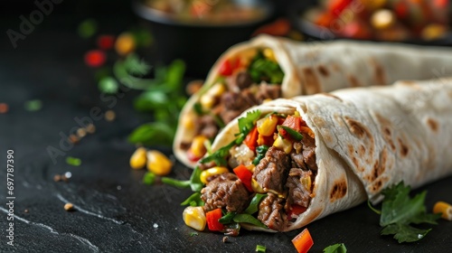 Burritos wraps with beef and vegetables on black background photo