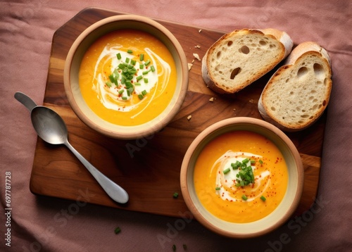 Two pumpkin and carrot soup with cream in a bowl served with bread