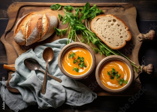 Two pumpkin and carrot soup with cream in a bowl served with bread
