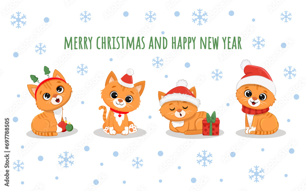 Cute cartoon red kitten Isolated on white. Christmas Illustration for design, banners, children's books and patterns. Funny Ginger cats in santa hat. Vector illustration Cute cartoon red kitten Isolated on white. Christmas Illustration for design, banners, children's books and patterns. Funny Ginger cats in santa hat. Vector illustration