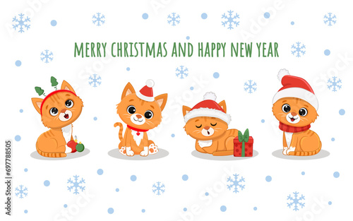 Cute cartoon red kitten Isolated on white. Christmas  Illustration for design, banners, children's books and patterns.  Funny Ginger cats in santa hat. Vector illustration