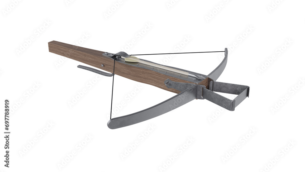 Medieval crossbow weapon with arrow isolated on transparent and white background. Weapon concept. 3D render - obrazy, fototapety, plakaty 
