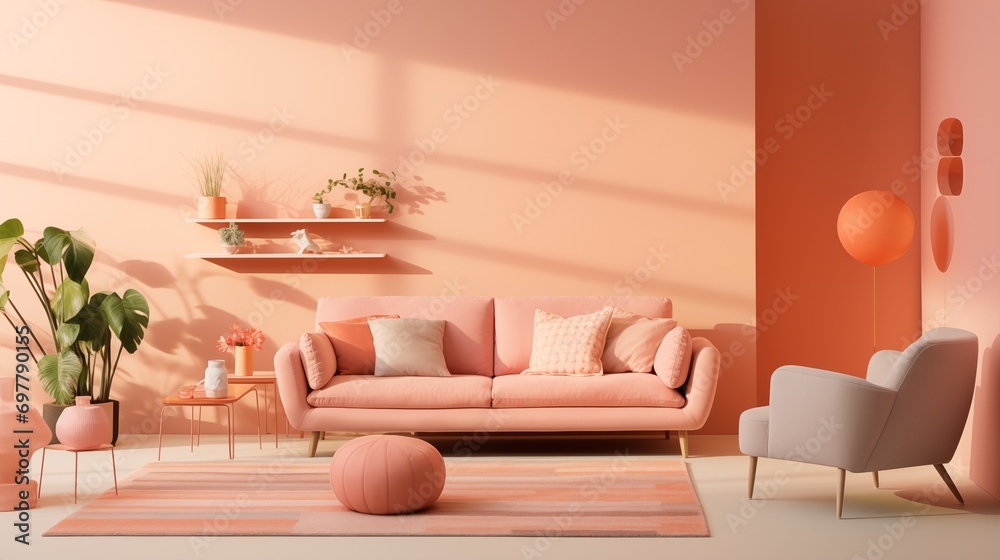 Interior design of minimalistic living room total in color of the year ...