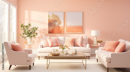 Interior design total in color PANTONE 13-1023   Peach Fuzz . Minimalistic living room design. Color of the year 2024 . Mockup background with copy space