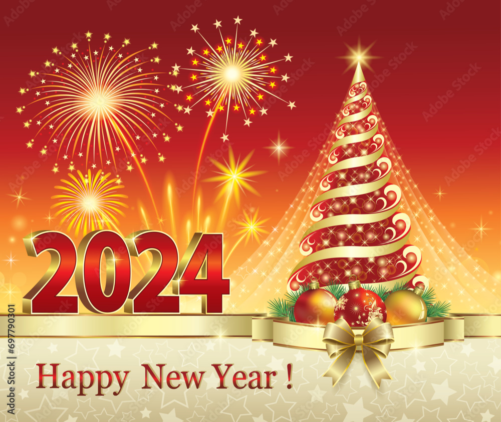 New Year 2024 celebration. Shining Christmas tree with balls and decorative ribbon with numbers 2024 on a background of fireworks and patterns. Vector illustration.