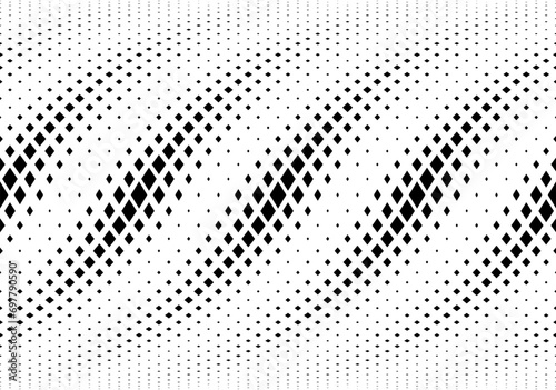 Geometric pattern of black rhombs on a white background. Seamless in one direction. Option with an average fade out. The radial grid