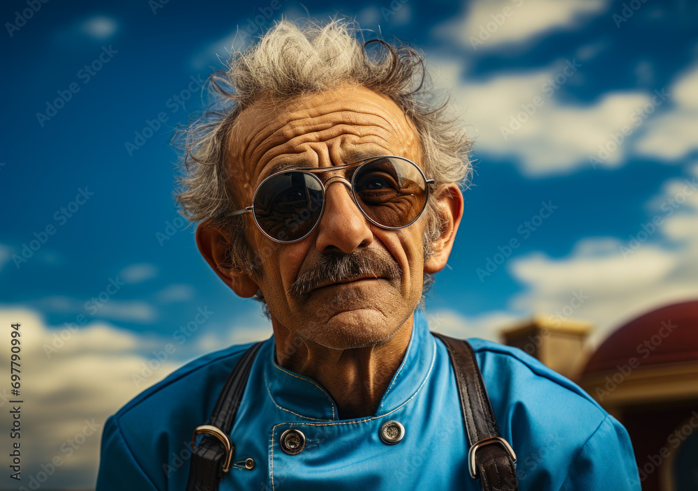 Old chef holding a spoon. An older man wearing sunglasses and a blue jacket Old chef holding a spoon. An older man wearing sunglasses and a blue jacket