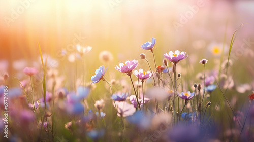 Spring wild flowers field at sunset