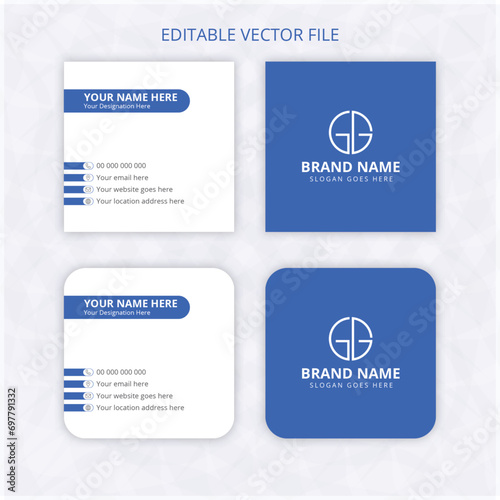 Print ready Square business card design template, square rounded name card mockup blue color background. clean name card rectangle with bleed. 