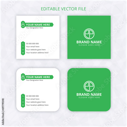 Print ready Square business card design template, square rounded name card mockup green color background. clean name card rectangle with bleed.