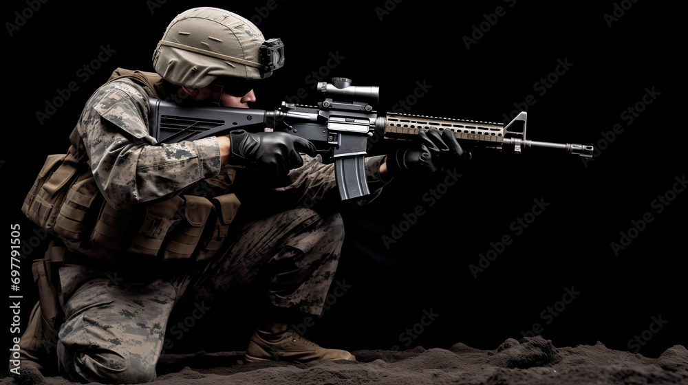 a soldier in military uniform holding a gun - obrazy, fototapety, plakaty 