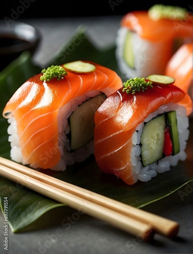 Close-up photo of sushi wrapped in salmon photo