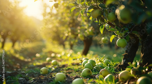 Young orchard with green apples on branches in sunlight panorama photo