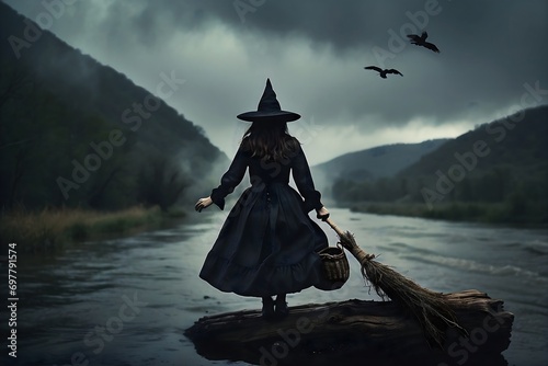 A witch walks in a dim river with fog photo