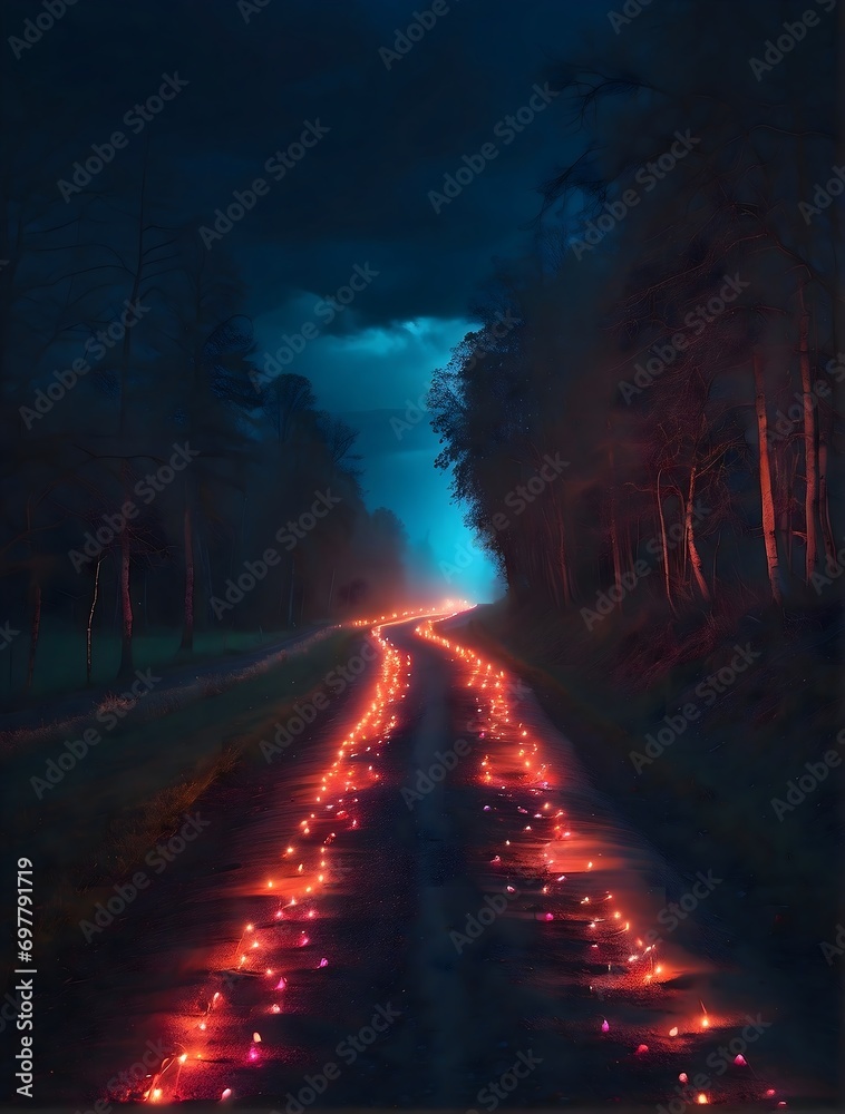 A path with red lights illuminating the way in the middle of a dark forest