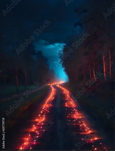 A path with red lights illuminating the way in the middle of a dark forest