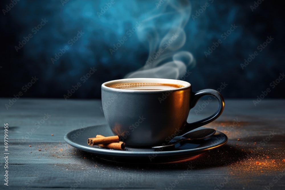 Coffee with foam and steam on blue cup standing on wooden table on dark background. Cappuccino or latte. Hot mourning drink. Banner with copy space Coffee with foam and steam on blue cup standing on wooden table on dark background. Cappuccino or latte. Hot mourning drink. Banner with copy space