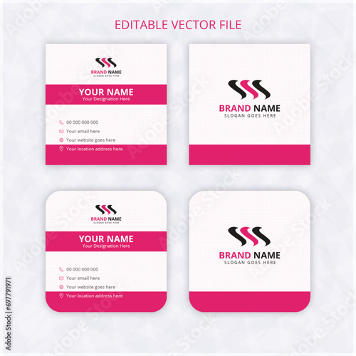 Print ready Square business card design template, square rounded name card mockup pink red color text background. clean name card rectangle with bleed.
