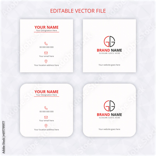 Print ready Square business card design template, square rounded name card mockup red color text background. clean name card rectangle with bleed.