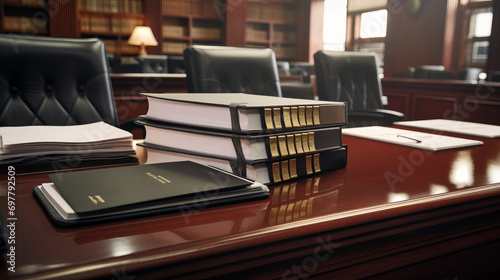 Lawyer's Desk In Courtroom With Client Files