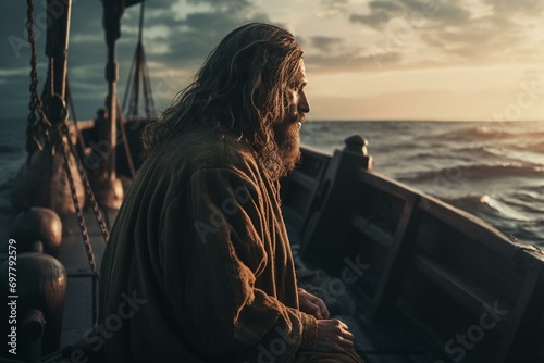 Jesus Christ on the sea is calling to follow him fishermen. Generative AI photo