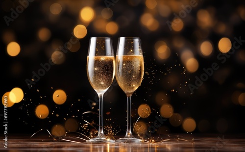 Two glasses of champagne on dark background with lights bokeh, glitter and sparks. Christmas celebration concept with space for text 