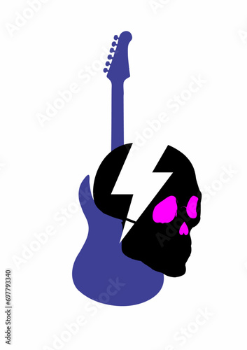 T-shirt design of a black skull with a thunderbolt symbol and a blue electric guitar. Glam rock poster.
