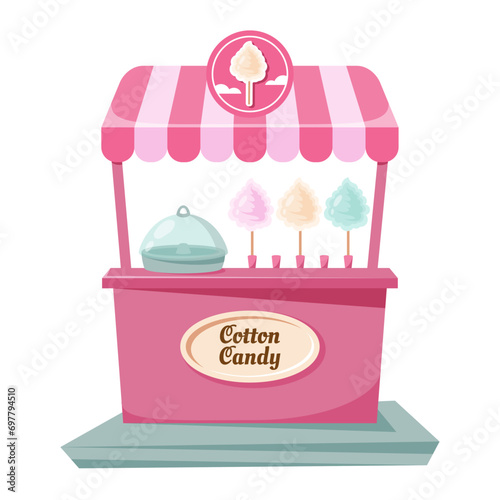 Cotton candy machine isolated. Retro cartoon pink booth with vintage frame, color puffy sweet dessert. Delicious yummy food for children. Vector illustration for party, bbq, carnival, celebration