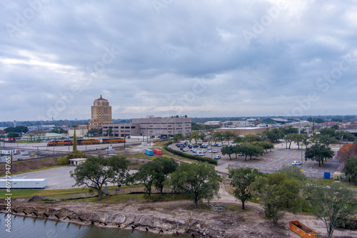 Aerial view of the Port of Beaumont Texas downtown cityscape along the Neches River photo