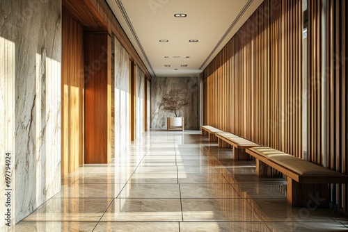 Modern Luxury  Stone and Wood Paneling in Minimalist Hallway Entrance