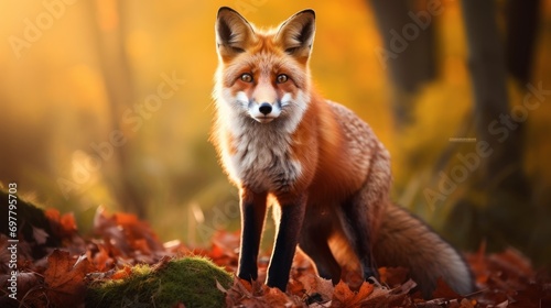  a red fox standing in the middle of a forest with autumn leaves on the ground and trees in the background. © Anna