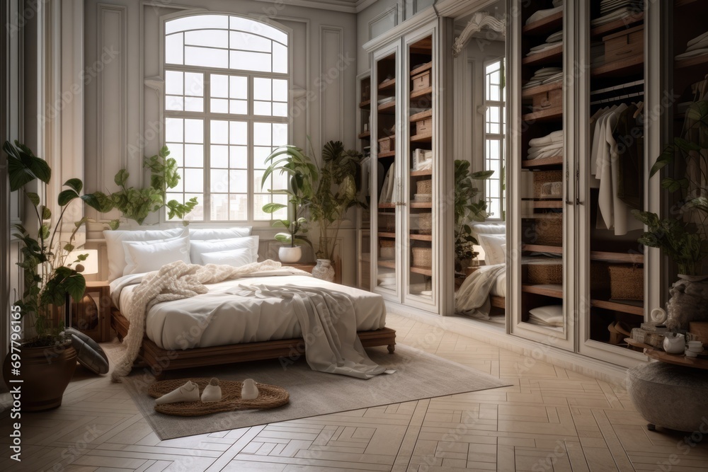 Cozy classical style bedroom with pillows, blanket, indoor plants, wardrobe and large window. AI Generated
