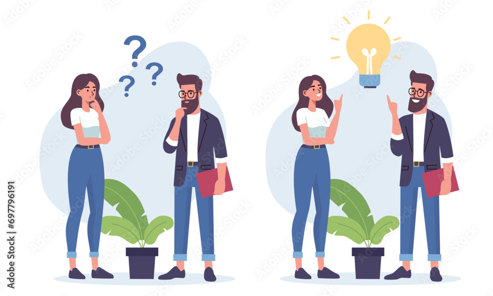 Flat vector illustration. A woman and a man are discussing issues, thinking about making a decision, coming up with an idea. The concept of finding the right solution and idea. Vector illustration - obrazy, fototapety, plakaty 