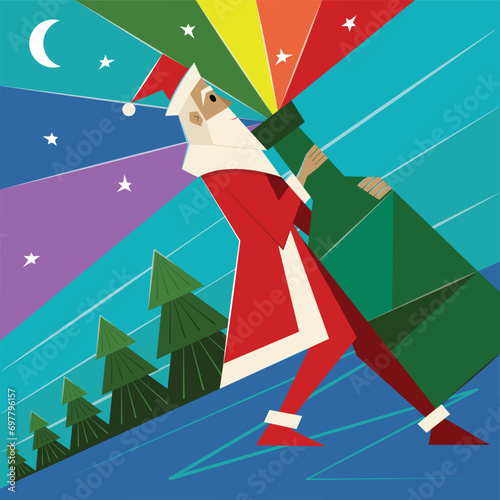 New Year or Christmas LGBT greeting card. Santa Claus carries a bottle of champagne with rainbow sprinkles at night.  Holiday colorful poster.
