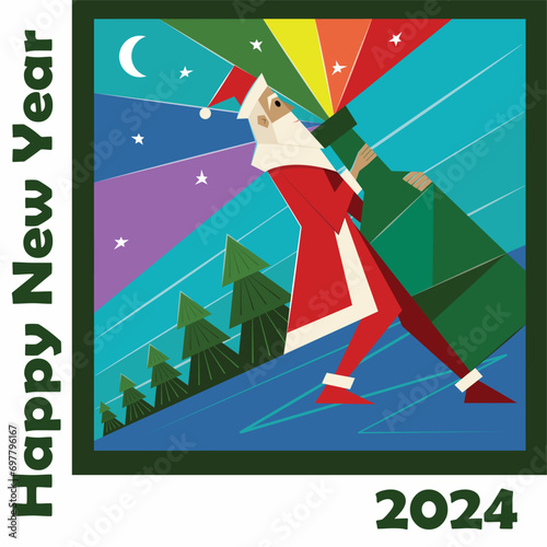 New Year's Eve poster 2024 with Santa Claus carrying a bottle of champagne with rainbow sprinkles. LGBT greeting card. Label, packaging, sticker.
