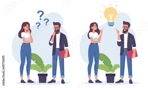 Flat vector illustration. A woman and a man are discussing issues, thinking about making a decision, coming up with an idea. The concept of finding the right solution and idea. Vector illustration photo