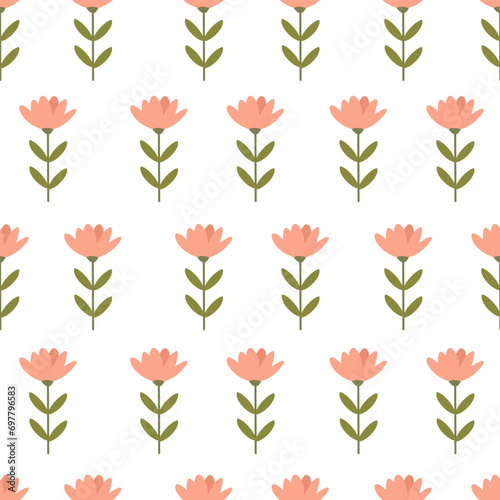 Seamless vector pattern in minimalistic style. Cute pink flowers in naive art. . Vector illustration photo