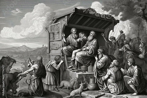 God giving instructions how tho build the ark to Noah and his family, graphic collage from engraving of Nazareene School, published in The Holy Bible, St.Vojtech Publishing, Trnava,. Generative AI photo