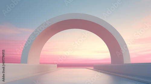  a large arch in the middle of a large body of water with a sunset in the back ground and a pink and blue sky in the background.