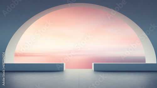  an empty room with a large arch and a view of a sunset over the ocean on the horizon of the ocean. © Anna
