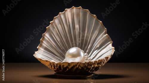  a close up of a shell with a white pearl in it on a brown surface with a black back ground.