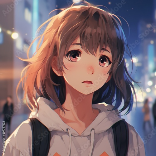 anime girl kawai illustration standing in city 