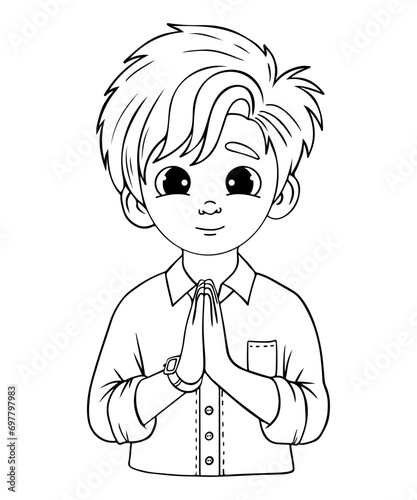 Cute praying boy teenager with folded hands in prayer. Linear hand drawing. Coloring book. Religious believer male character.